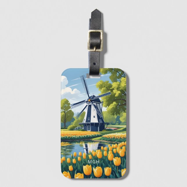 Custom Monogram Netherlands Windmills Gepäckanhänger (Vorderseite Vertikal)