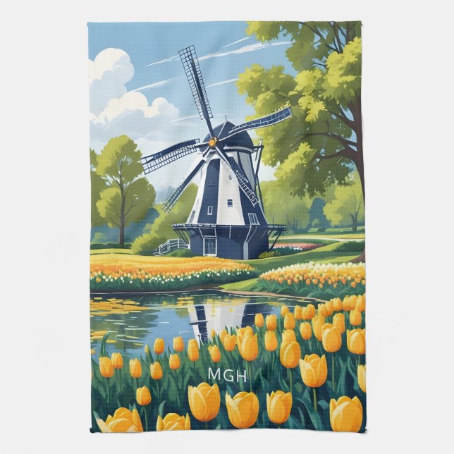 Custom Monogram Netherlands Windmills Geschirrtuch (Vertikal)