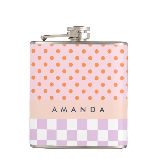 Custom Monogram Pastel Polka Dot Lilac Karo Gesche Flachmann (Vorderseite)