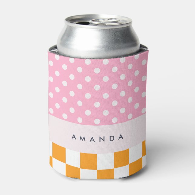 Custom Monogram Pink Orange Polka Dot Karo Dosenkühler (Kanne Vorderseite)