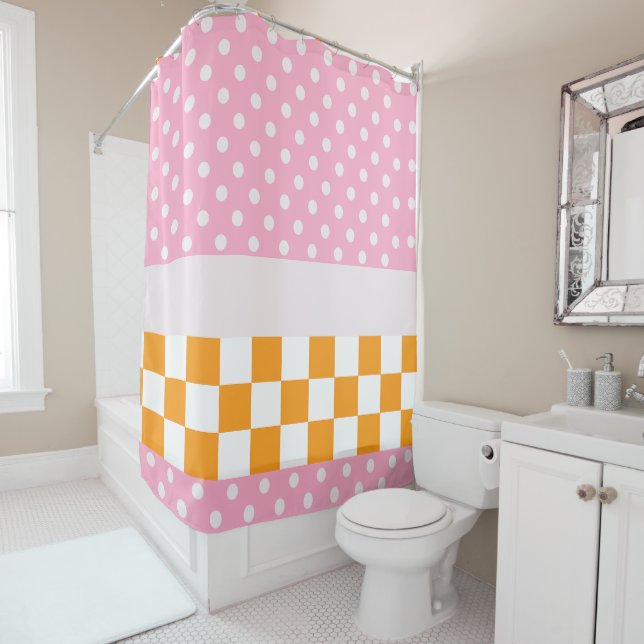 Custom Monogram Pink Orange Polka Dot Karo Duschvorhang (Beispiel)