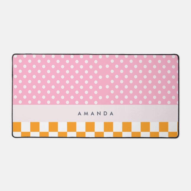 Custom Monogram Pink Orange Polka Dot Karo Schreibtischunterlage (Vorderseite)