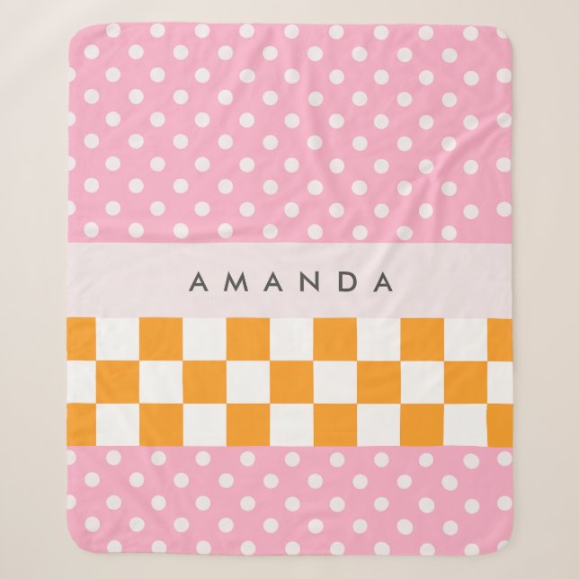 Custom Monogram Pink Orange Polka Dot Karo Sherpadecke (Vorderseite)