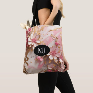 Custom Monogram Pink White Gold Floral Totbeutel Tasche