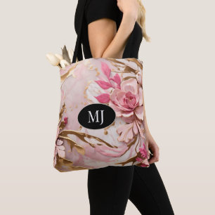 Custom Monogram Pink White Gold Floral Totbeutel Tasche