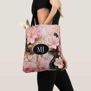 Custom Monogram Pink White Gold Floral Totbeutel Tasche