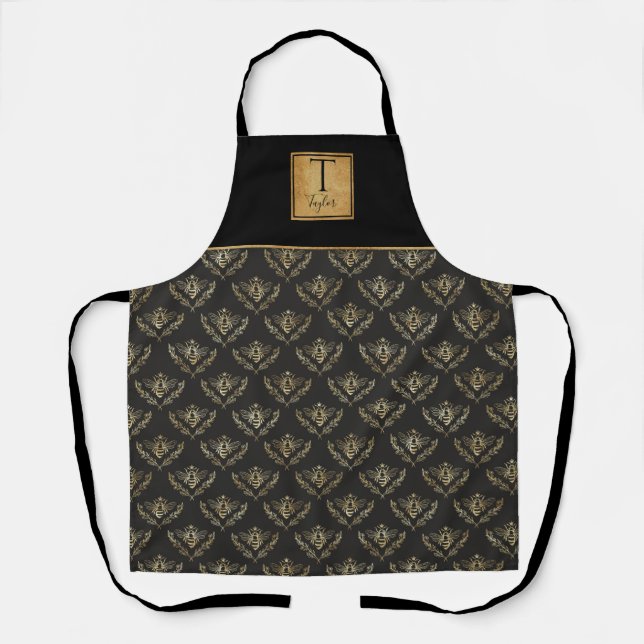 Custom Monogram, Queen Bee, Black and Gold Schürze (Vorderseite)