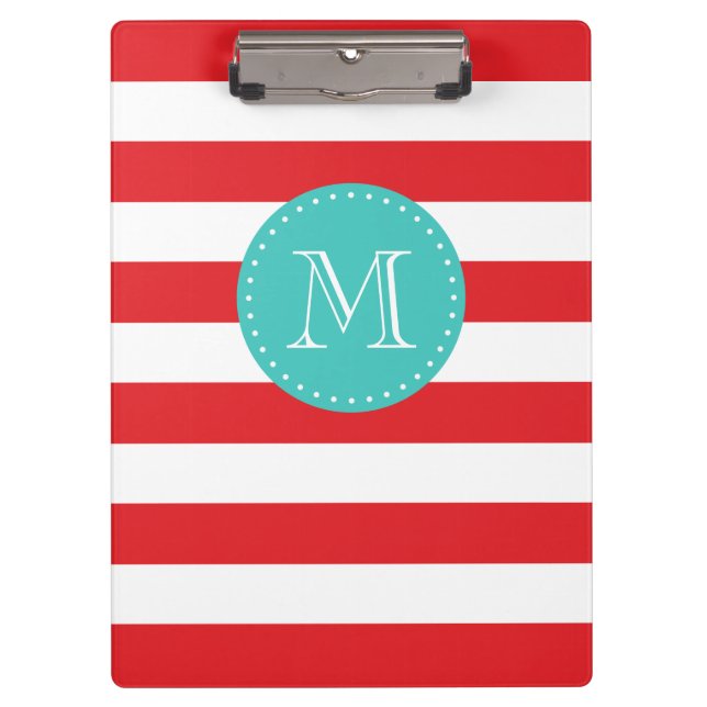 Custom Monogram Red and Turquoise Bold Stripes Klemmbrett (Vorderseite)