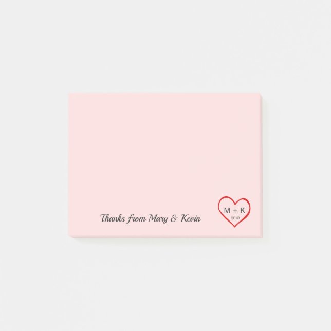 Custom Monogram Red Heart Pink Wedple Post-it Klebezettel (Vorderseite)