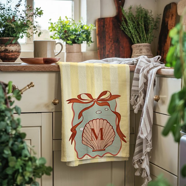 Custom Monogram Retro Coastell Seashell Geschirrtuch (Von Creator hochgeladen)
