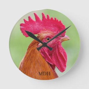 Custom monogram Rooster Close-Up Runde Wanduhr