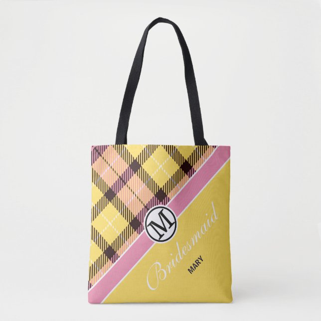 Custom Monogram Script Name Chic Tartan Bridesmaid Tasche (Vorderseite)