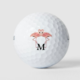 Custom Monogram Sein & Hers Flamingo Lovebirds Golfball