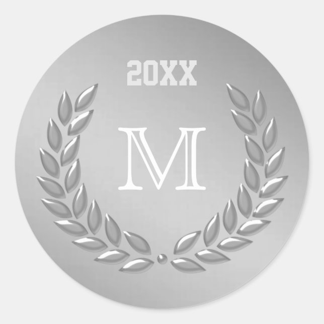 Custom Monogram Silver Grau Laurel Wreath Runder Aufkleber (Vorderseite)
