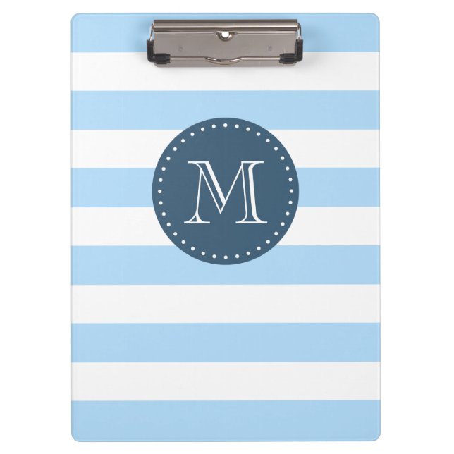 Custom Monogram Sky Blue and Navy Bold Stripes Klemmbrett (Vorderseite)