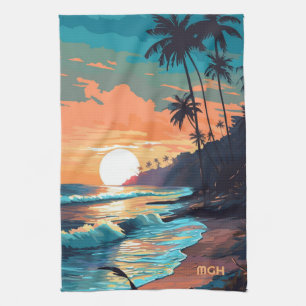 Custom Monogram Tropical Beach Sunset Geschirrtuch
