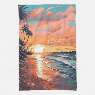 Custom Monogram Tropical Beach Sunset Geschirrtuch