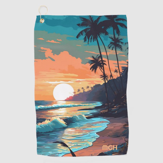 Custom Monogram Tropical Beach Sunset Golfhandtuch (Vorderseite)