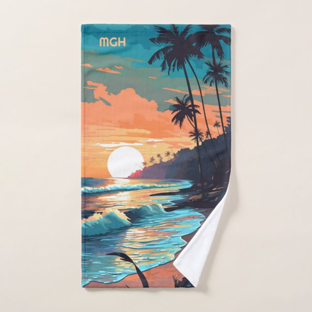Custom Monogram Tropical Beach Sunset Handtuch (Handtuch)