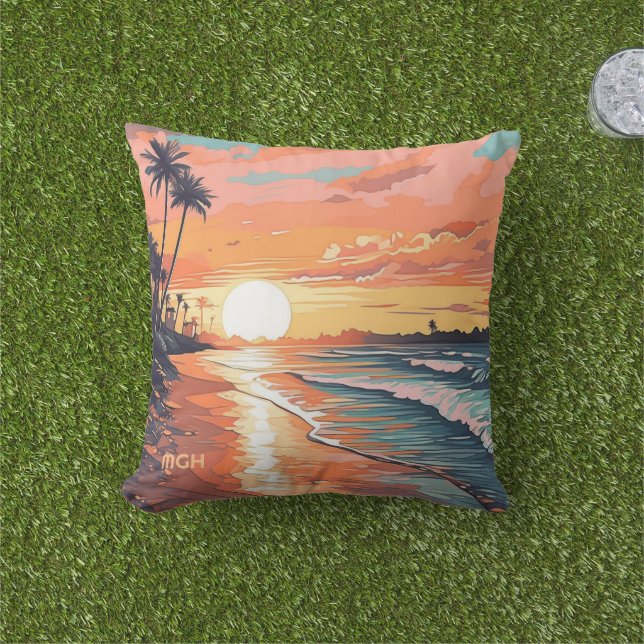Custom Monogram Tropical Beach Sunset Kissen (Golfball-Marker)