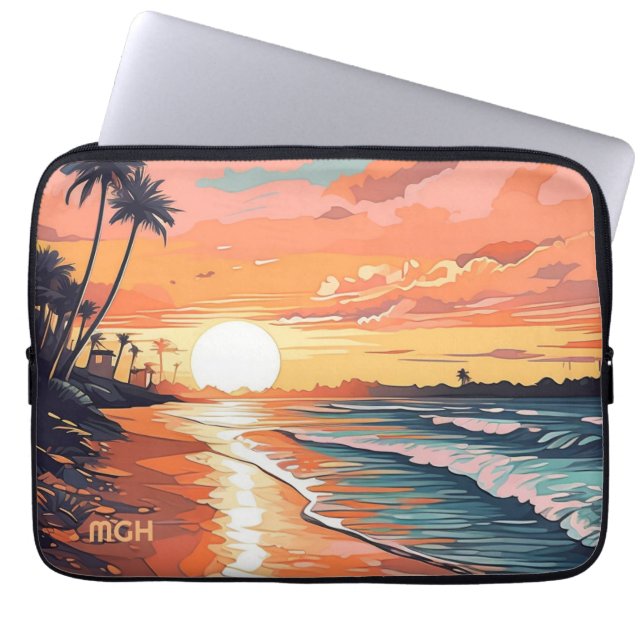 Custom Monogram Tropical Beach Sunset Laptopschutzhülle (Vorderseite)