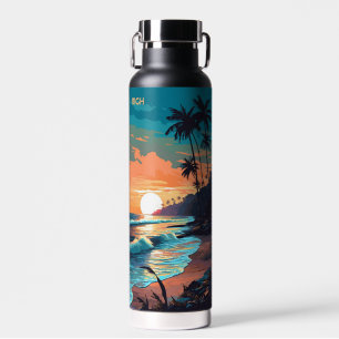 Custom Monogram Tropical Beach Sunset Trinkflasche