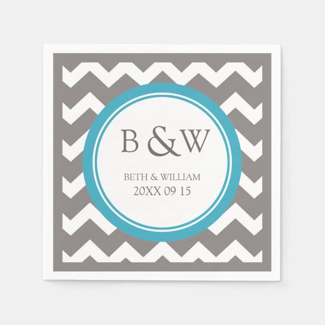 Custom Monogram Wedding Napkin Aquamarin Grau Zick Serviette (Vorderseite)