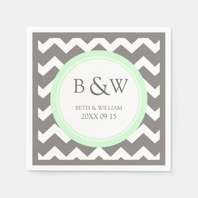 Custom Monogram Wedding Napkin Mint Grau Zickzack Serviette (Vorderseite)