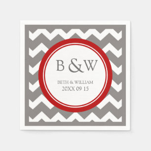 Custom Monogram Wedding Napkin Red Gray Zickzack Serviette