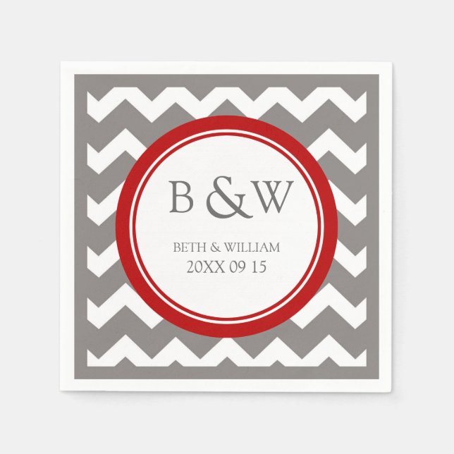 Custom Monogram Wedding Napkin Red Gray Zickzack Serviette (Vorderseite)