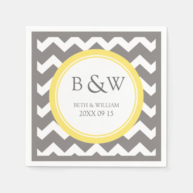 Custom Monogram Wedding Napkin Yellow Gray Zickzac Serviette (Vorderseite)