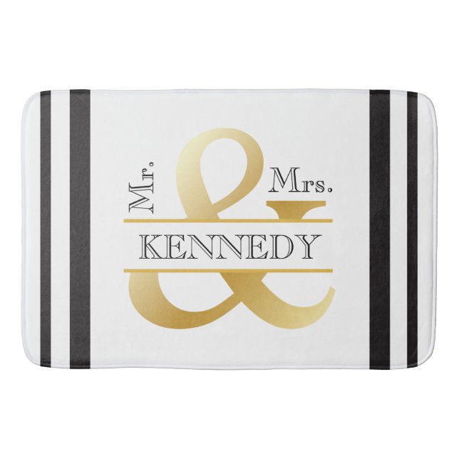 Custom Monogram Wedding Schwarz-weiß Gold Badematte (Vorderseite)