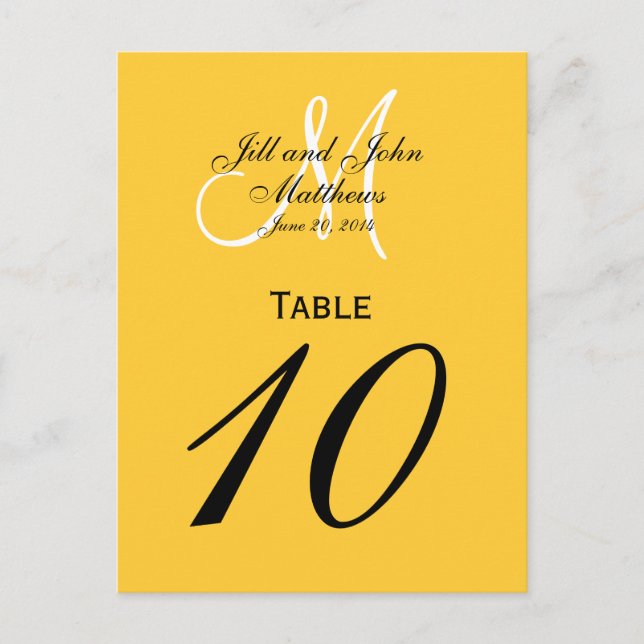 Custom Monogram Wedding Tischnummer Gelb (Vorderseite)