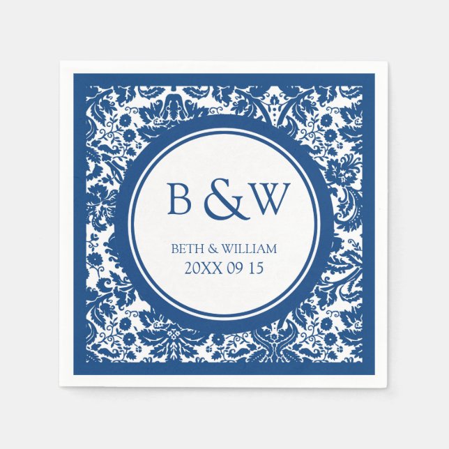 Custom Monogram Wedkin Blue Damask Serviette (Vorderseite)