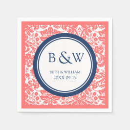 Custom Monogram Wedkin Coral Blue Damask Serviette