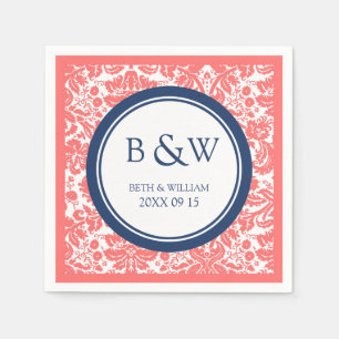 Custom Monogram Wedkin Coral Blue Damask Serviette