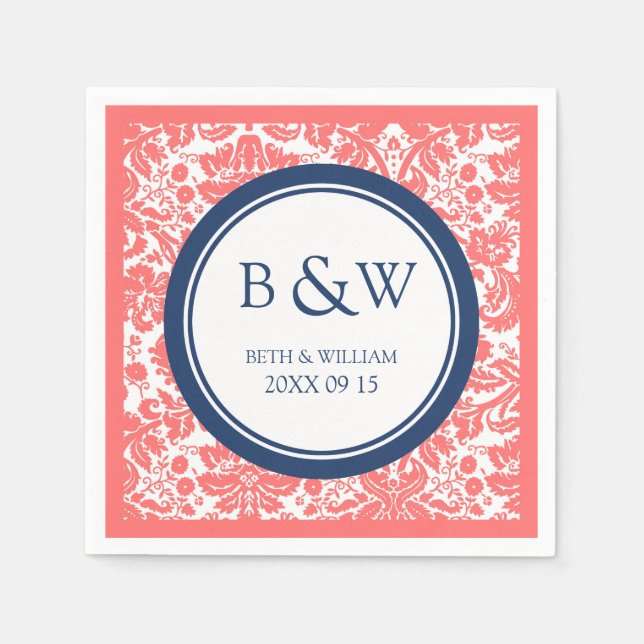 Custom Monogram Wedkin Coral Blue Damask Serviette (Vorderseite)