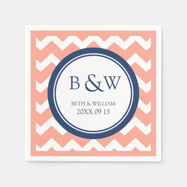 Custom Monogram Wedkin Coral Blue Zickzack Serviette (Vorderseite)