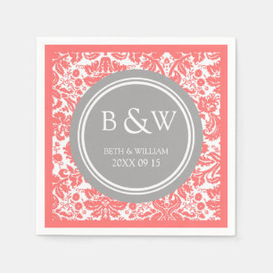 Custom Monogram Wedkin Coral Gray Damask Serviette