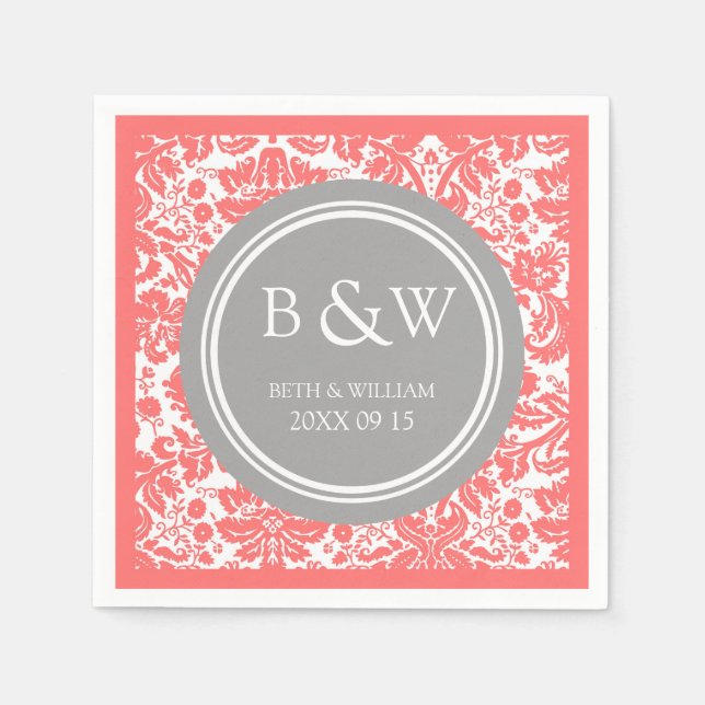 Custom Monogram Wedkin Coral Gray Damask Serviette (Vorderseite)