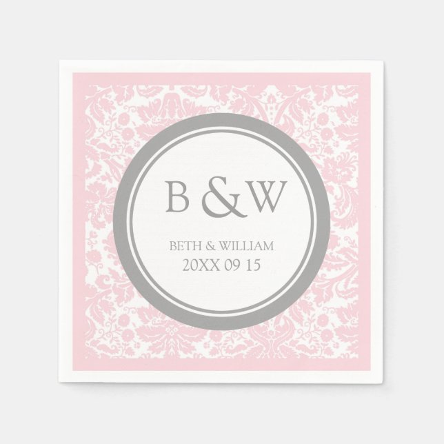 Custom Monogram Wedkin Pink Grey Damask Serviette (Vorderseite)