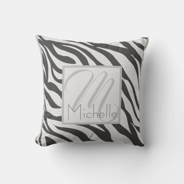 Custom Monogram White and Dark Grau Zebra Stripes Kissen (Vorderseite)