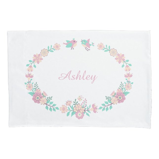 Custom Monogram Wreath Floral Girl Pillowcase, Rev Kissenbezug (Vorderseite)