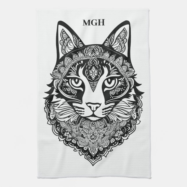 Custom Monogram Zierkatze Geschirrtuch (Vertikal)