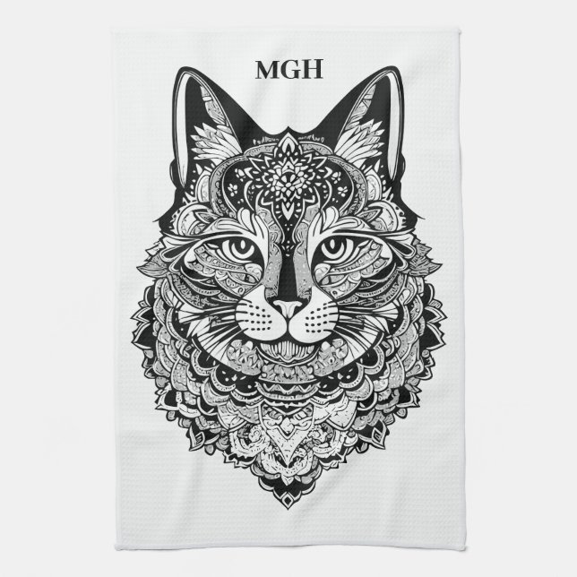 Custom Monogram Zierkatze Geschirrtuch (Vertikal)