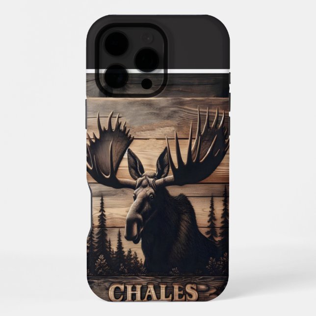 Custom Moose Holz Art iPhone 16 Pro Max Hülle (Rückseite)
