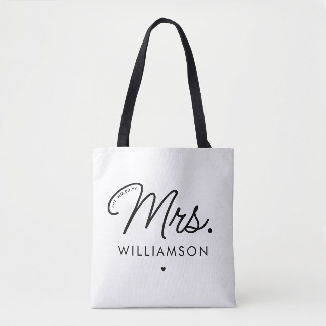 Custom Mrs. Est. Modernes, elegantes Script neu Tasche (Vorderseite)