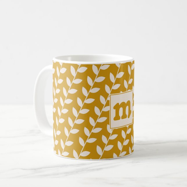 Custom Mustard 70er Retro Leaf Muster Monogram Kaffeetasse (Vorderseite Links)