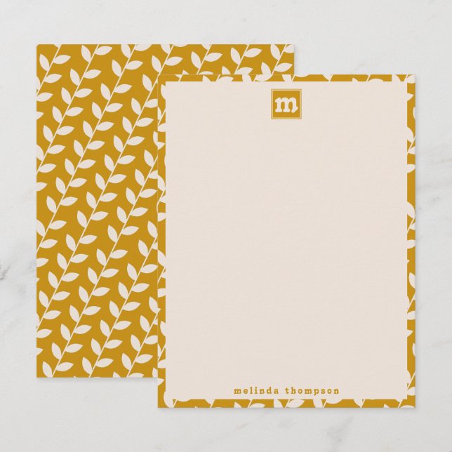 Custom Mustard 70er Retro Leaf Muster Monogram Mitteilungskarte (Vorne/Hinten)