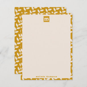 Custom Mustard 70er Retro Leaf Muster Monogram Mitteilungskarte